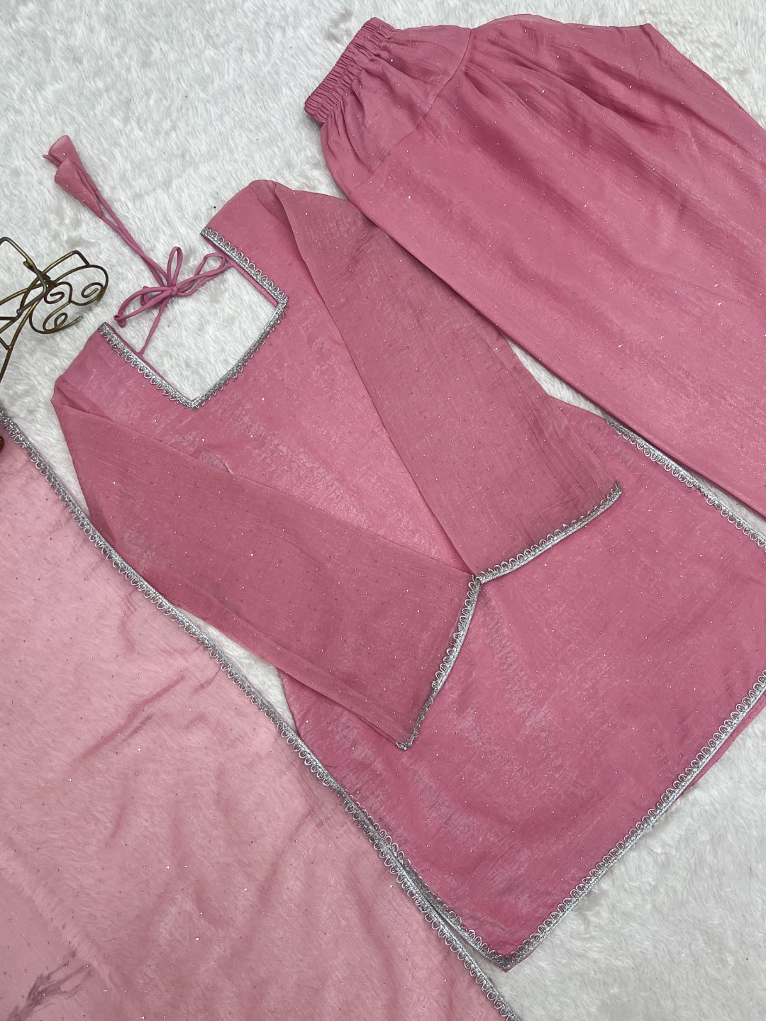 Women Crunchy Silk Kurta Set with Farshi Salwar & Dupatta | Sirovski Work Ethnic Suit