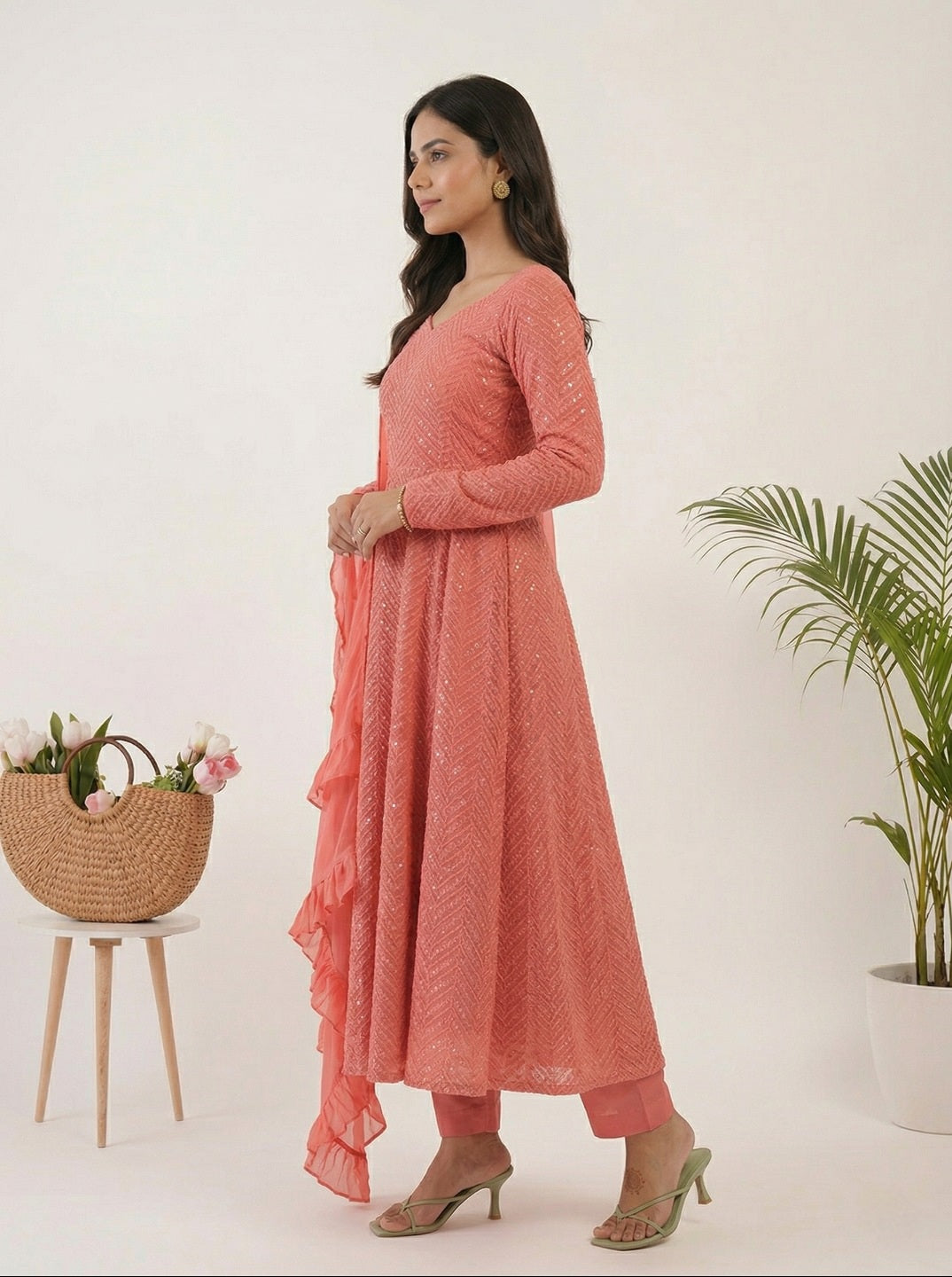 Georgette Anarkali Suit Set with Dupatta | Designer Lucknowi Embroidered Ethnic Wear