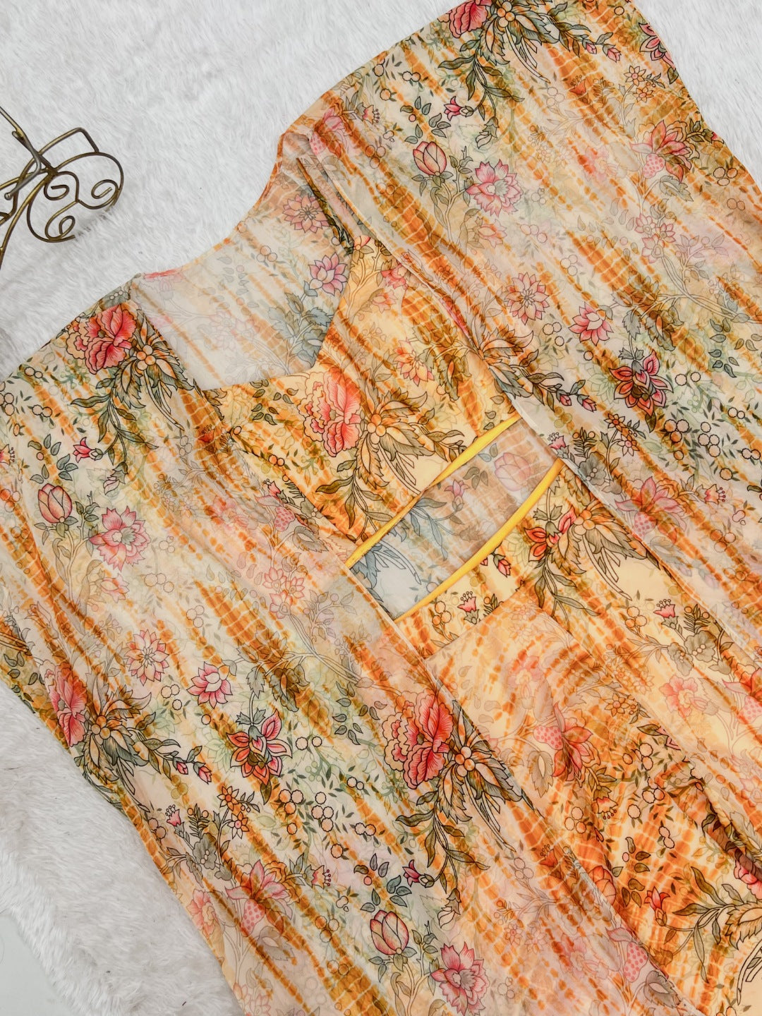Yellow Floral Printed Georgette Indo Western Co-Ord Set with Shrug | Crop Top Palazzo Set for Women