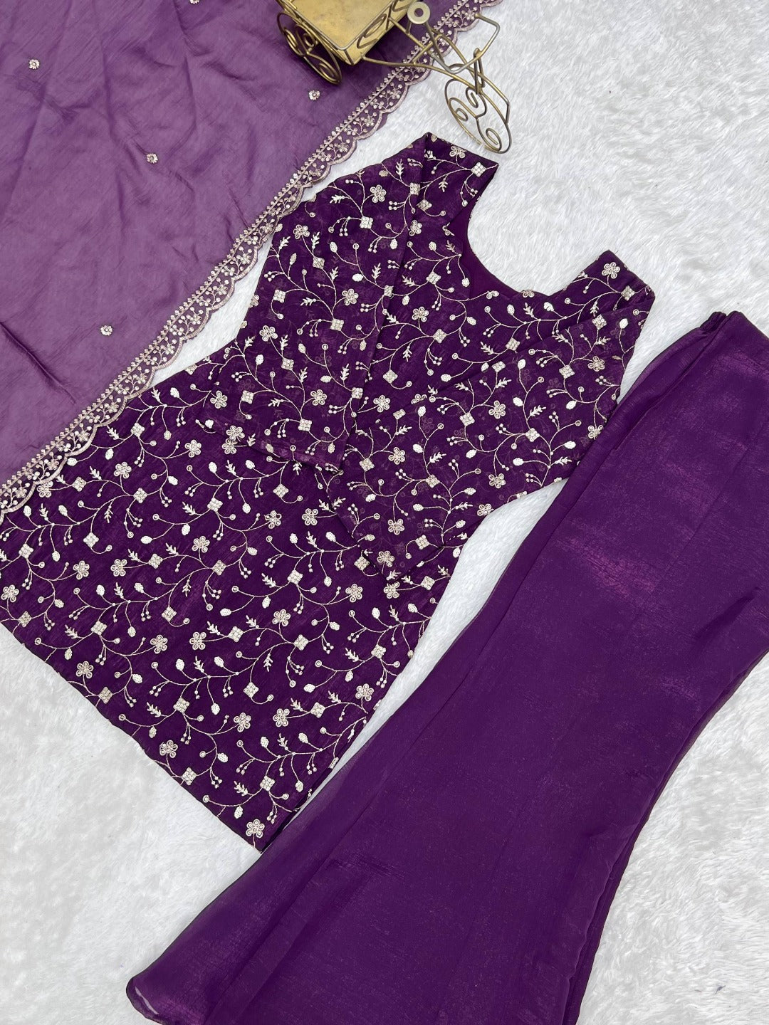 Purple Embroidered Crunchy Silk Kurta Set with Dupatta | Elegant Festive & Wedding Wear for Women