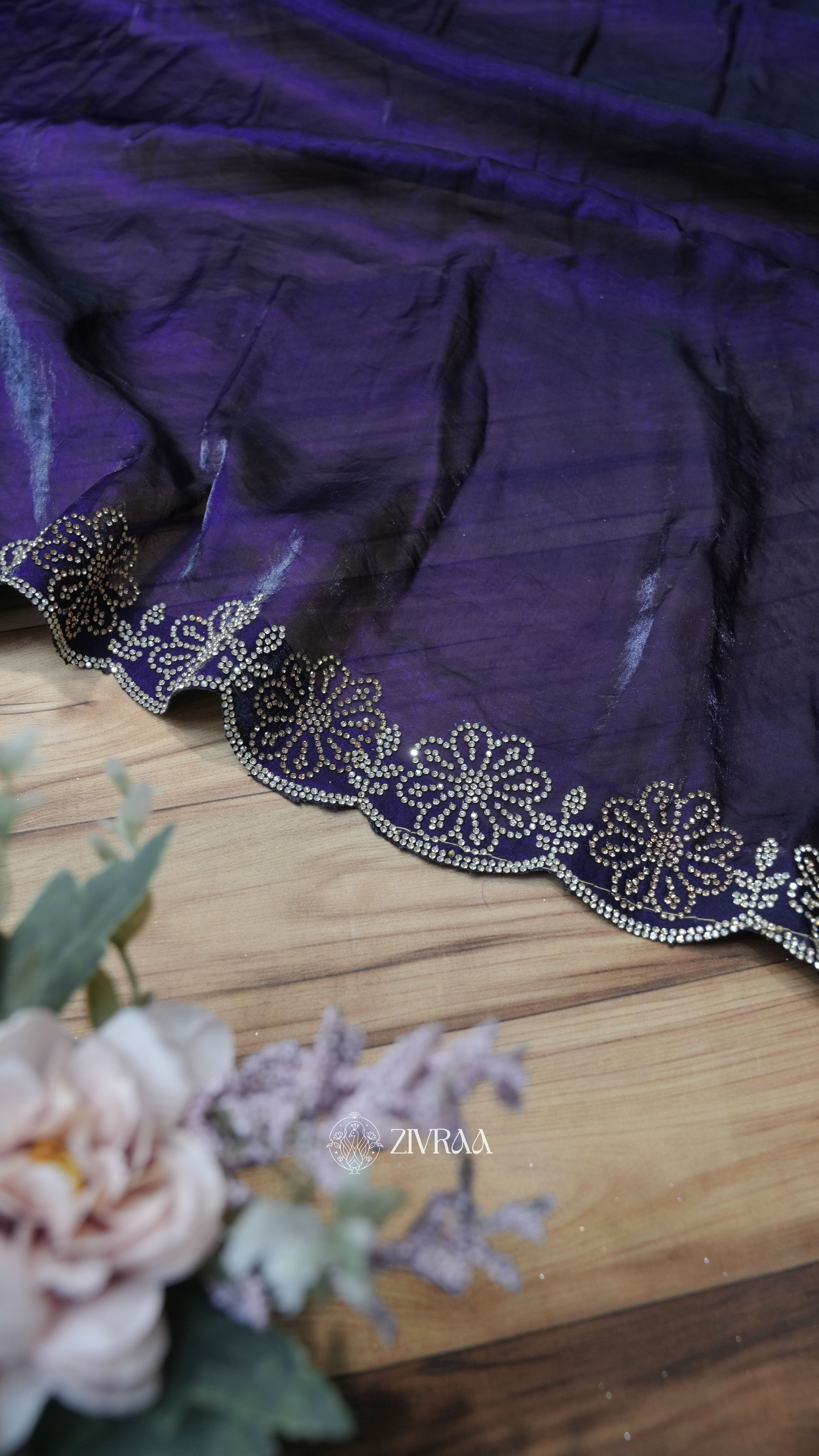 Elegant Deep purple Stone Work Border Saree for Women