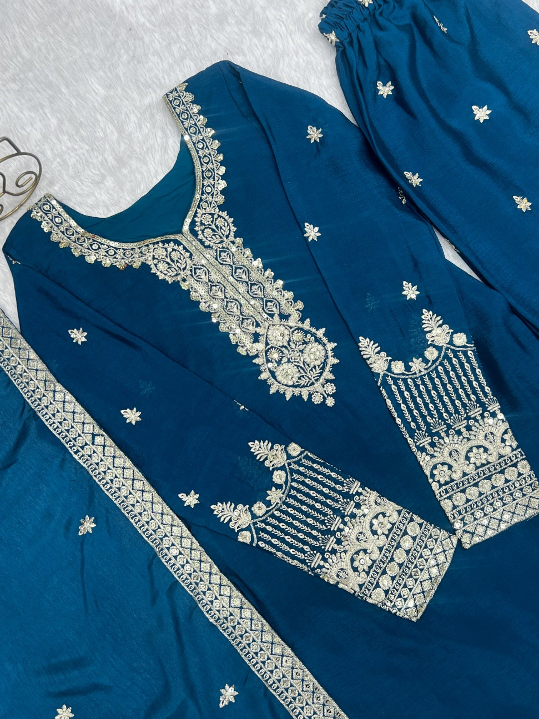 Blue Pure Chinon Silk Embroidered Straight Kurta Set with Dupatta & Trousers | Festive & Ethnic Wear for Women