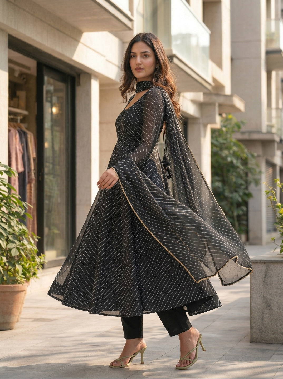 premium Laheriya Print Anarkali Suit Set with Dupatta | Designer Fox Georgette Flared Kurta Set for Women