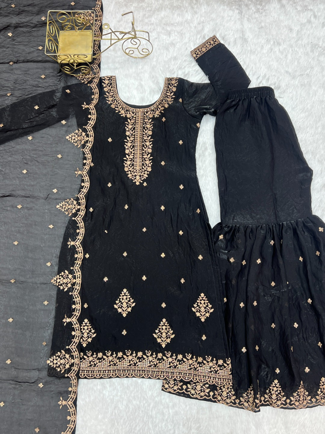 Black Embroidered Kurta Sharara Set with Dupatta | Heavy Crunchy Silk Festive Wear | Designer Ethnic Suit for Women