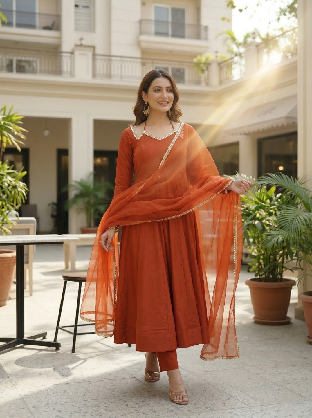 Anarkali Kurta Set with Net Dupatta | Roman Silk Chanderi Festive Wear for Women