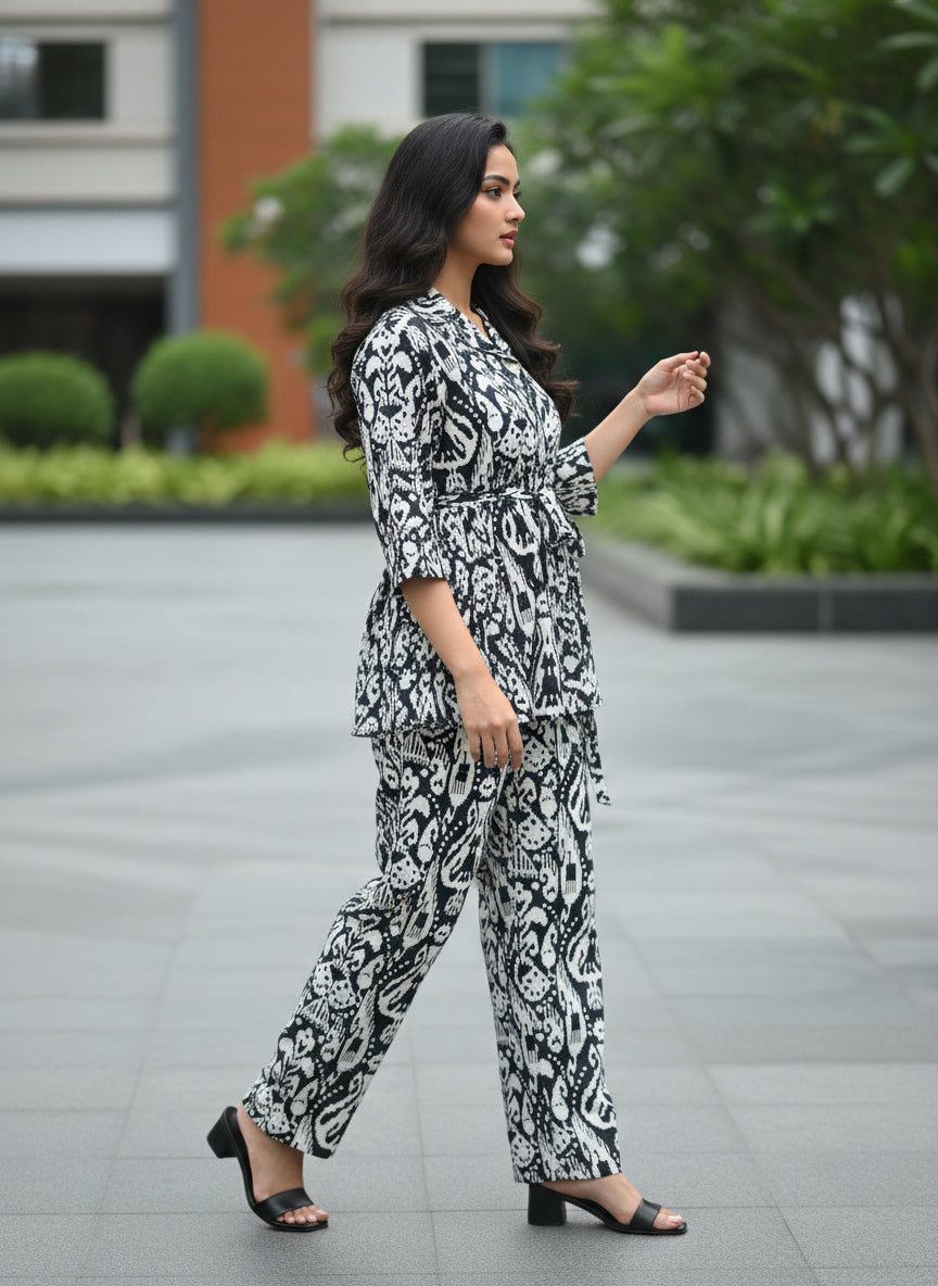 Black & White Printed Co-Ord Set for Women | Peplum Top & Straight Pants
