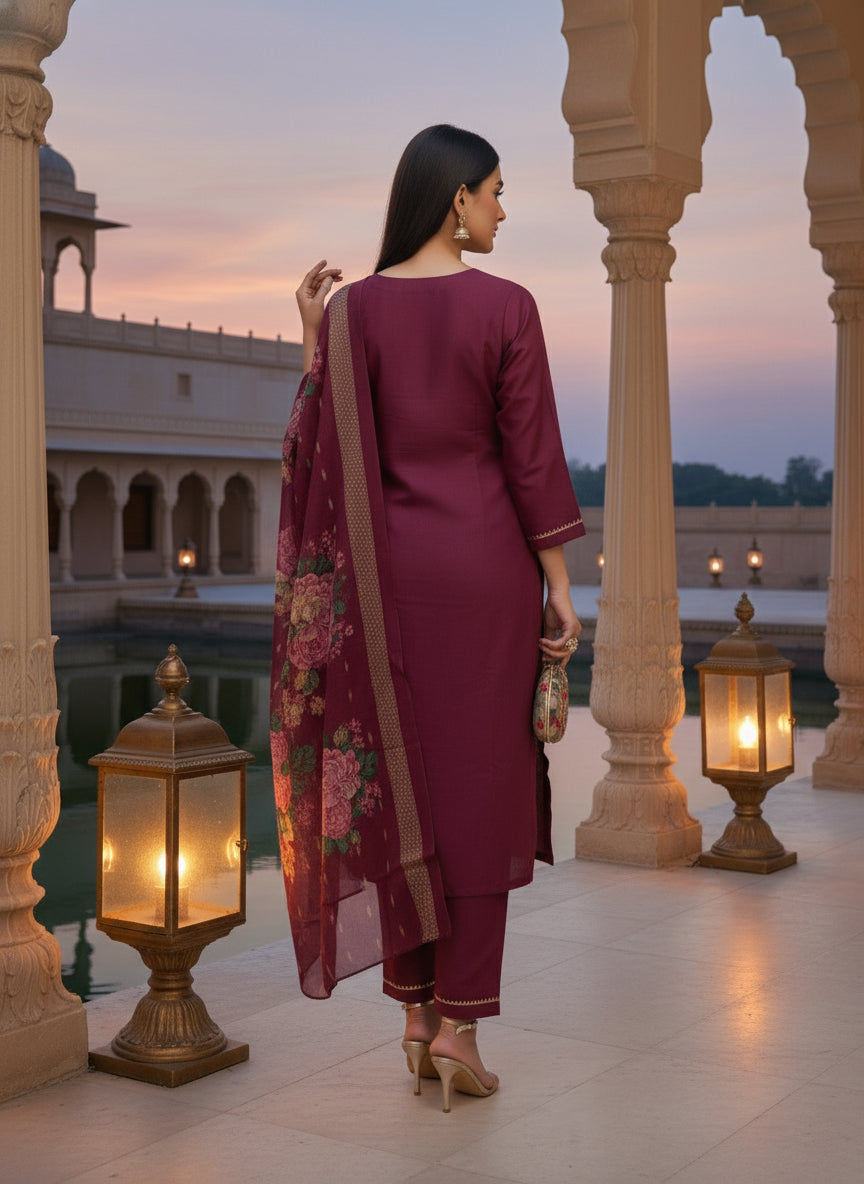 Maroon Ethnic Motifs Embroidered Straight Kurta with Trousers and Dupatta in Cotton Blend Fabric