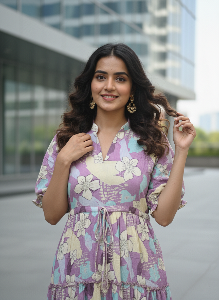 Floral Printed Tiered Kurti with Flowy Silhouette and – Comfortable Everyday Ethnic Style
