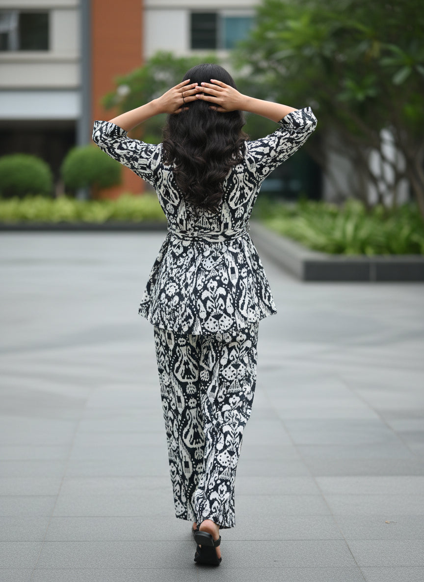 Black & White Printed Co-Ord Set for Women | Peplum Top & Straight Pants