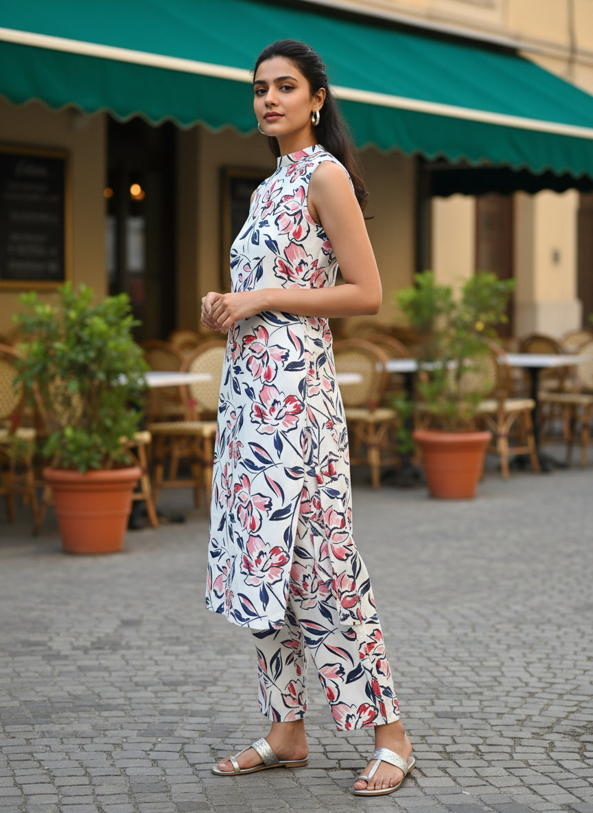 Women Floral Printed 2 Piece Kurta Set with Pants | Sleeveless Straight Kurti Set | Casual Summer Ethnic Wear for Women