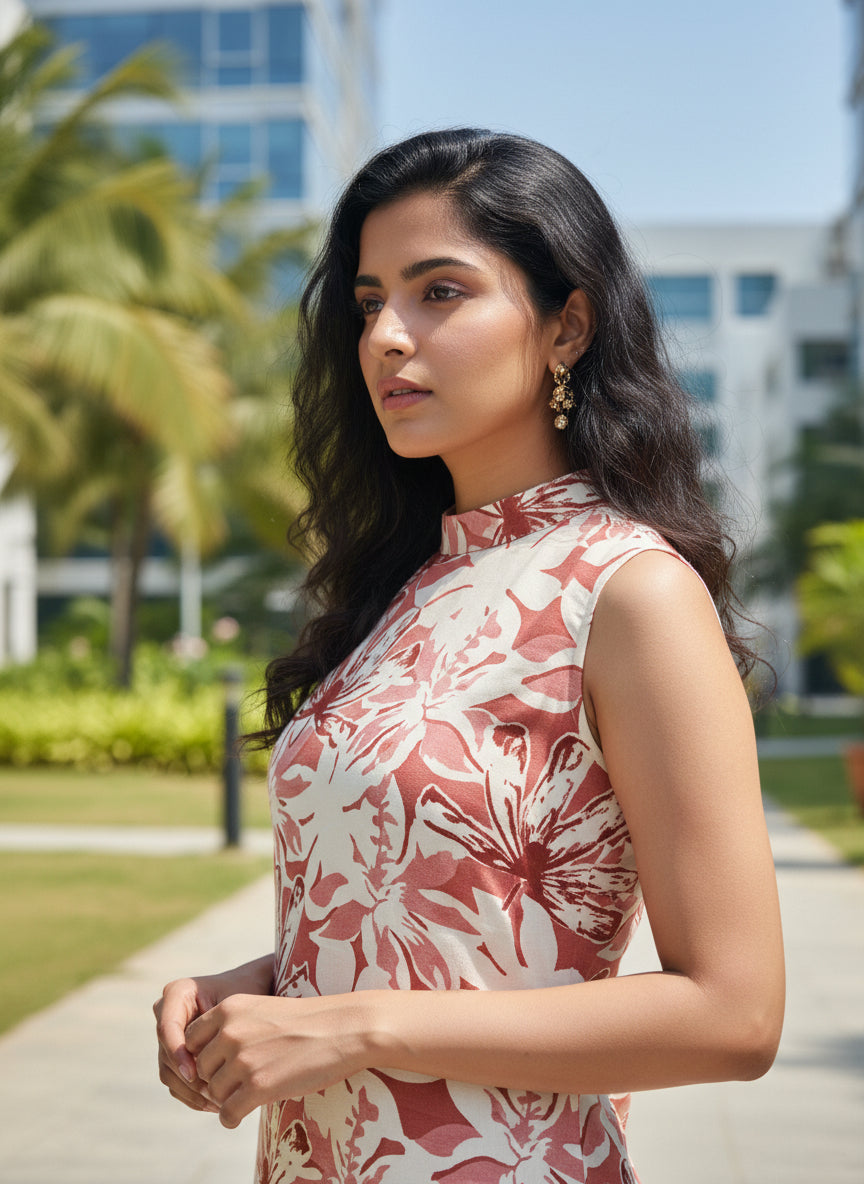 Floral Printed 2-Piece Kurta Set – Sleeveless Straight Kurta with Matching Bottom | Summer Ethnic Wear