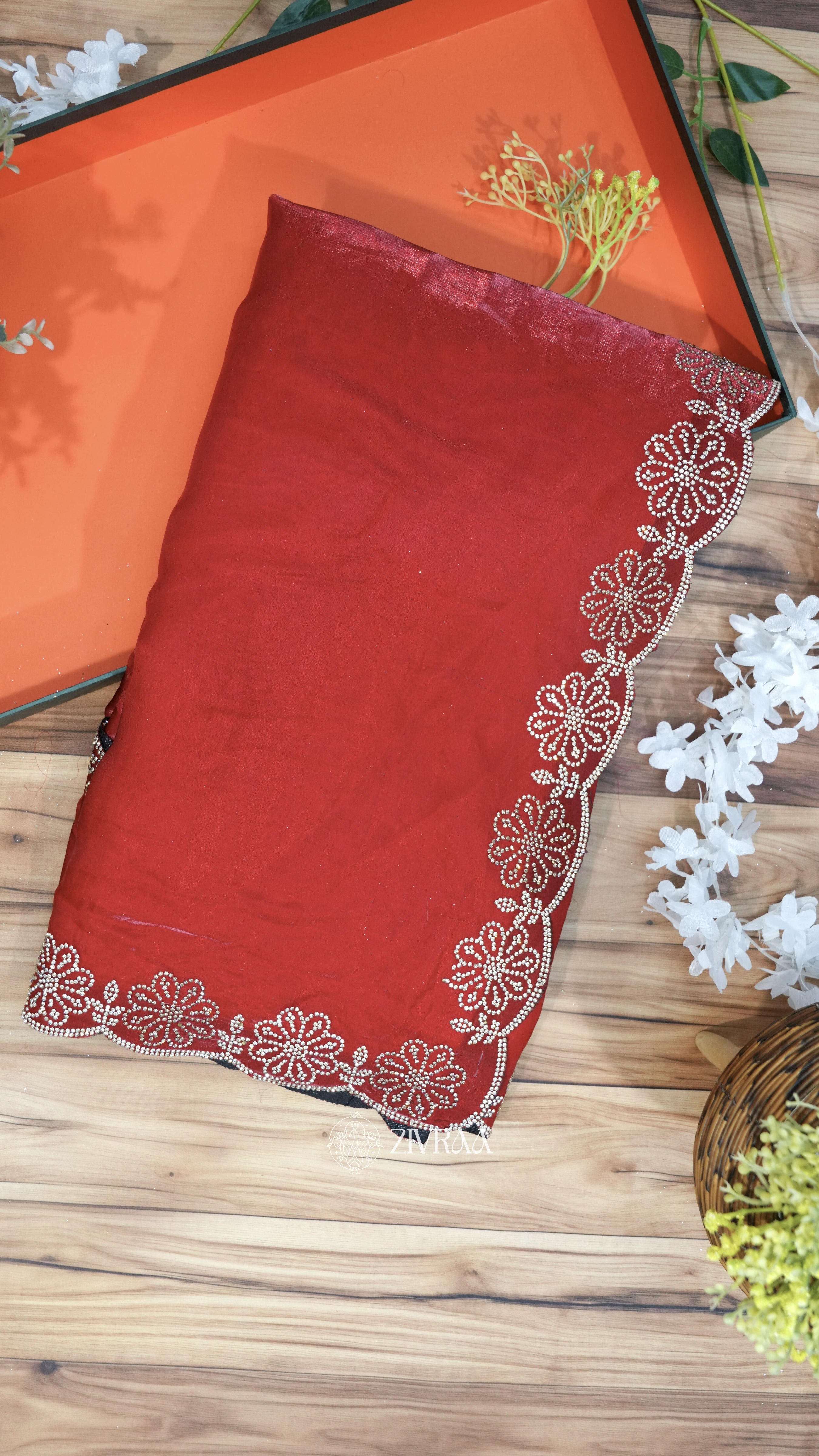 Elegant Teal Blue Fendi Silk Saree with Floral Stone Border