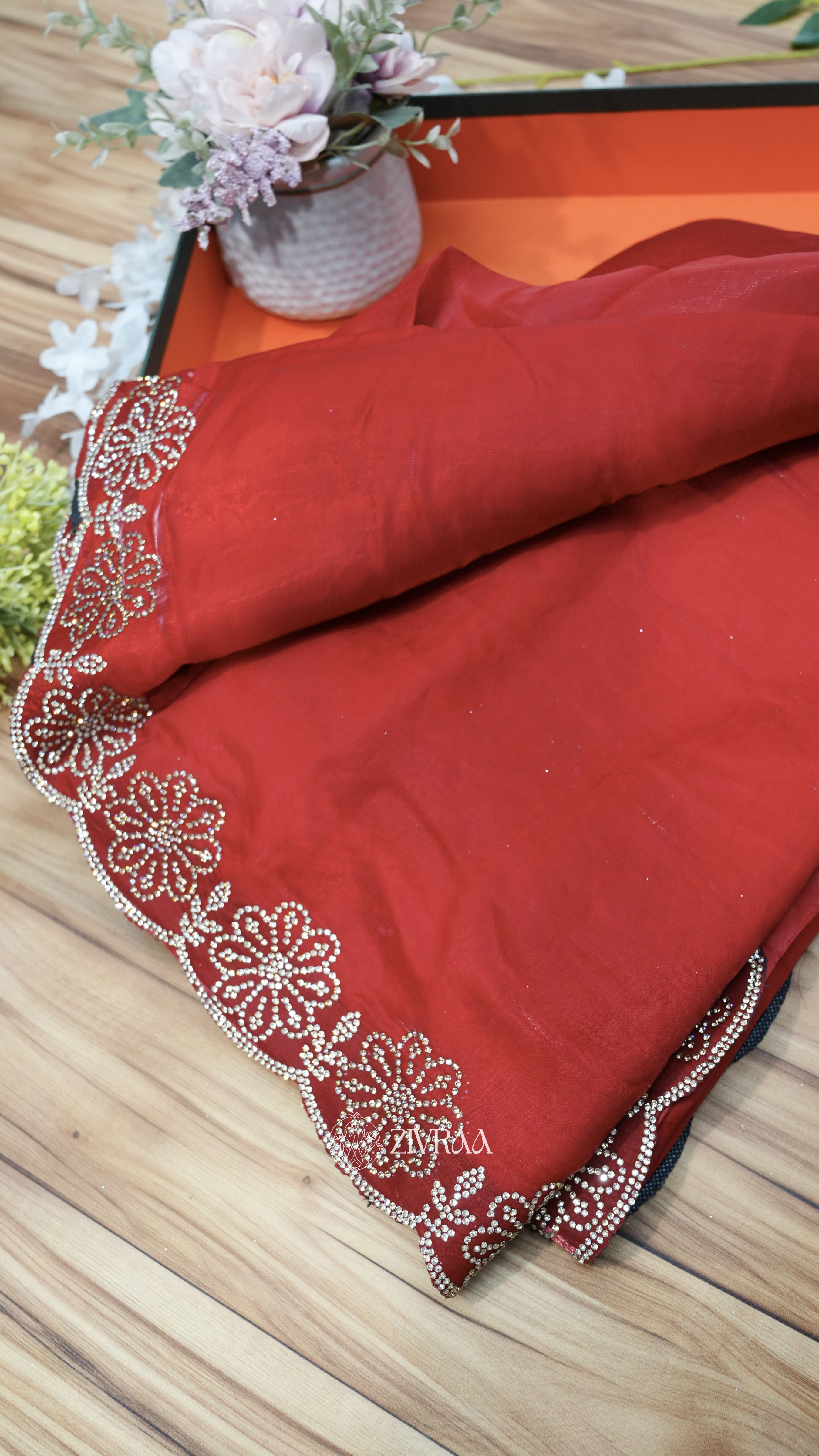 Elegant Rani Pink Saree with Floral Stone Embellished Border