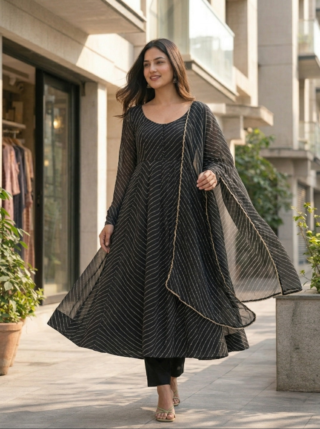 premium Laheriya Print Anarkali Suit Set with Dupatta | Designer Fox Georgette Flared Kurta Set for Women