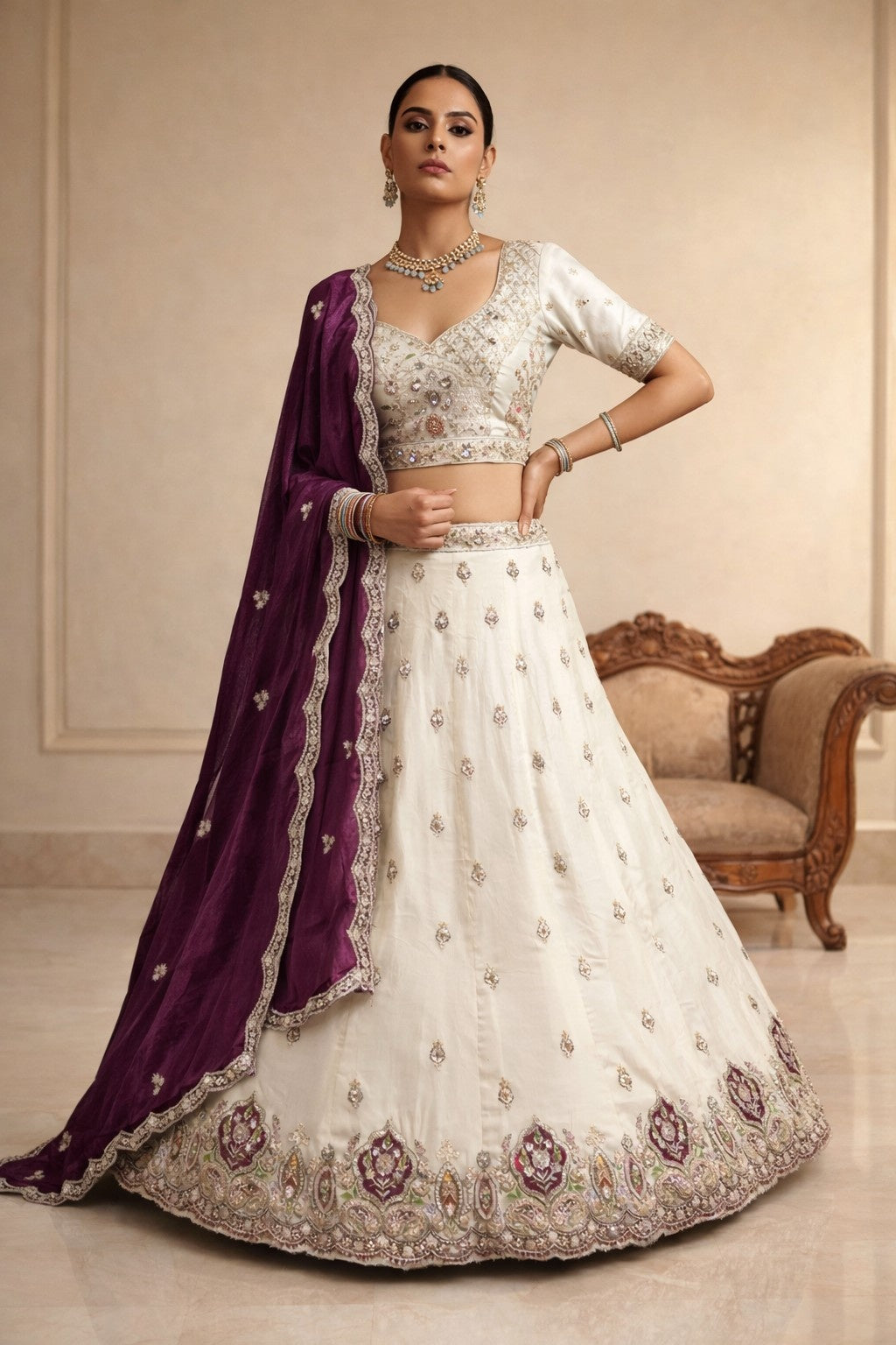 Elegant Ivory Viscose Tissue Lehenga with Maroon Dupatta – Designer Bridal & Festive Wear