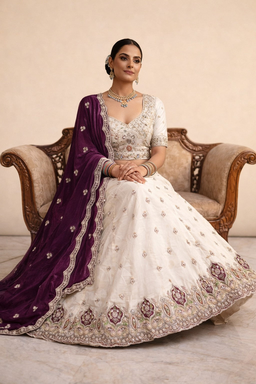 Ivory Viscose Tissue Lehenga with Wine Dupatta – Designer Wedding & Festive Ethnic Wear