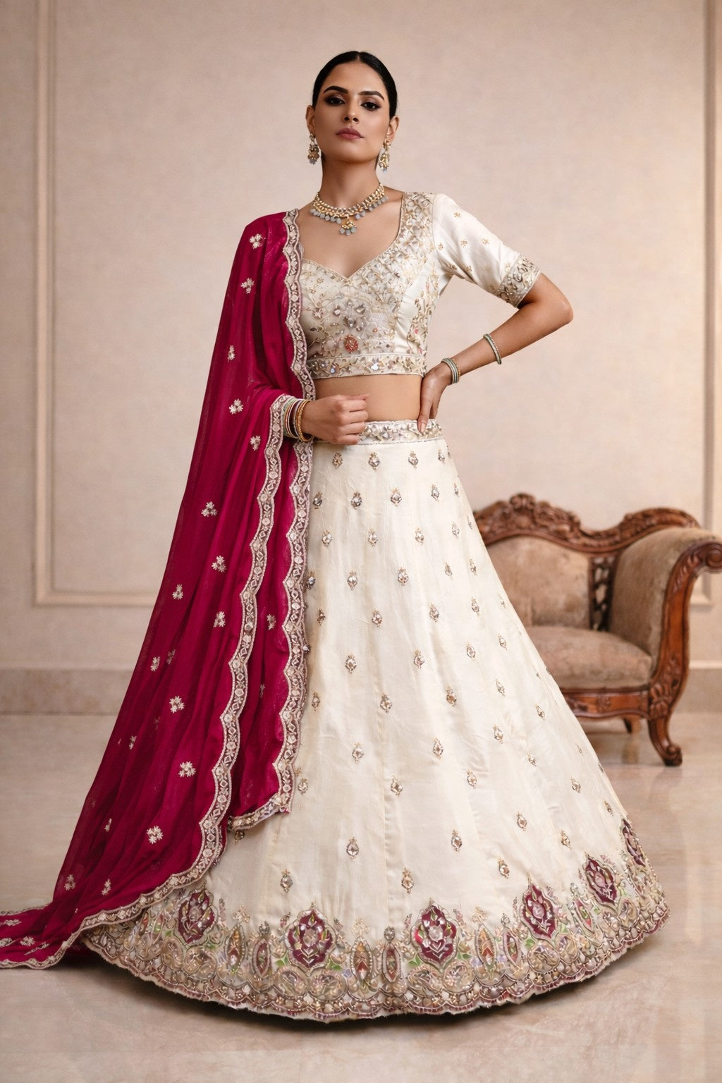 Ivory Viscose Tissue Lehenga with Rani Pink Dupatta – Designer Wedding & Festive Wear
