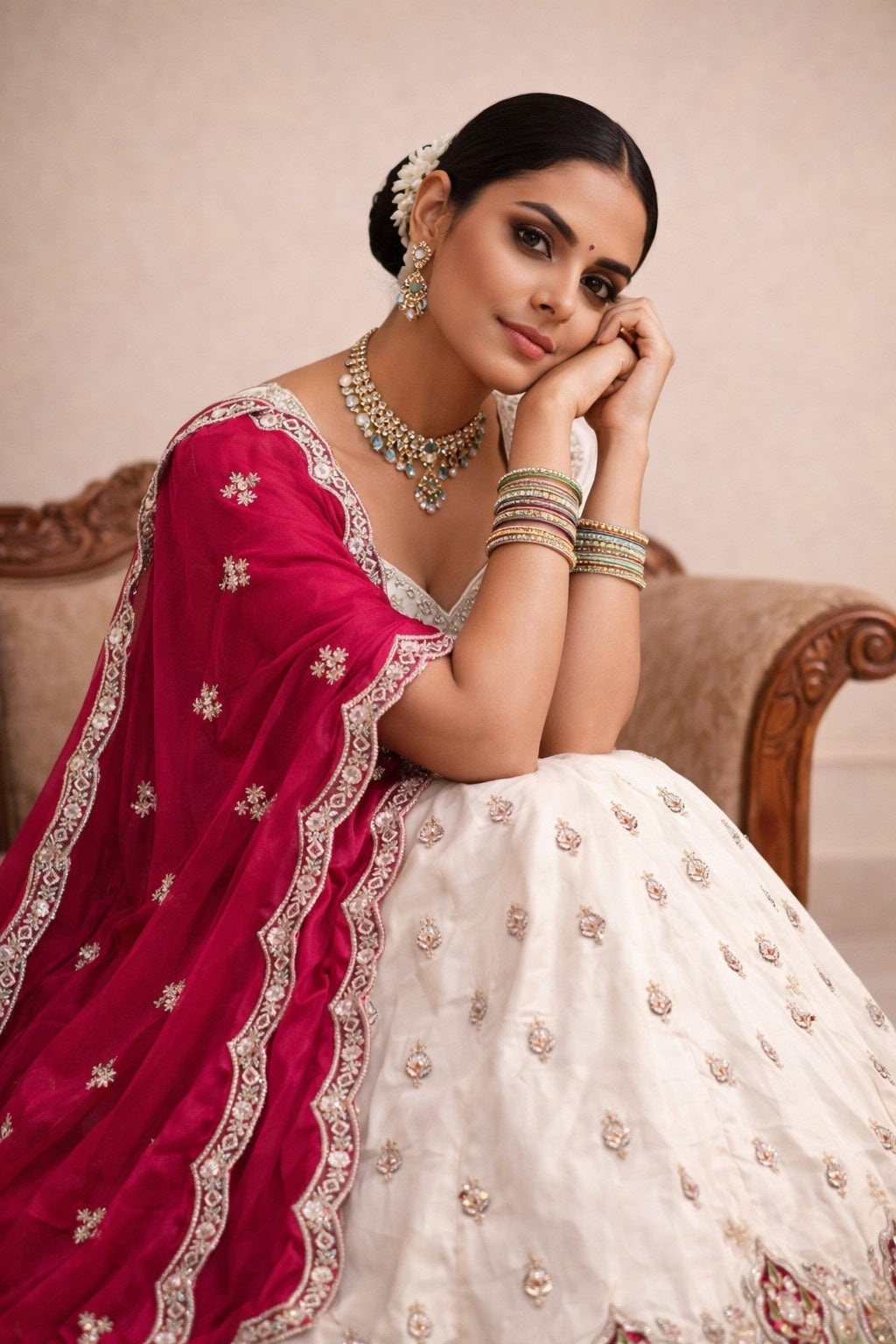 Ivory Viscose Tissue Lehenga with Rani Pink Dupatta – Designer Wedding & Festive Wear