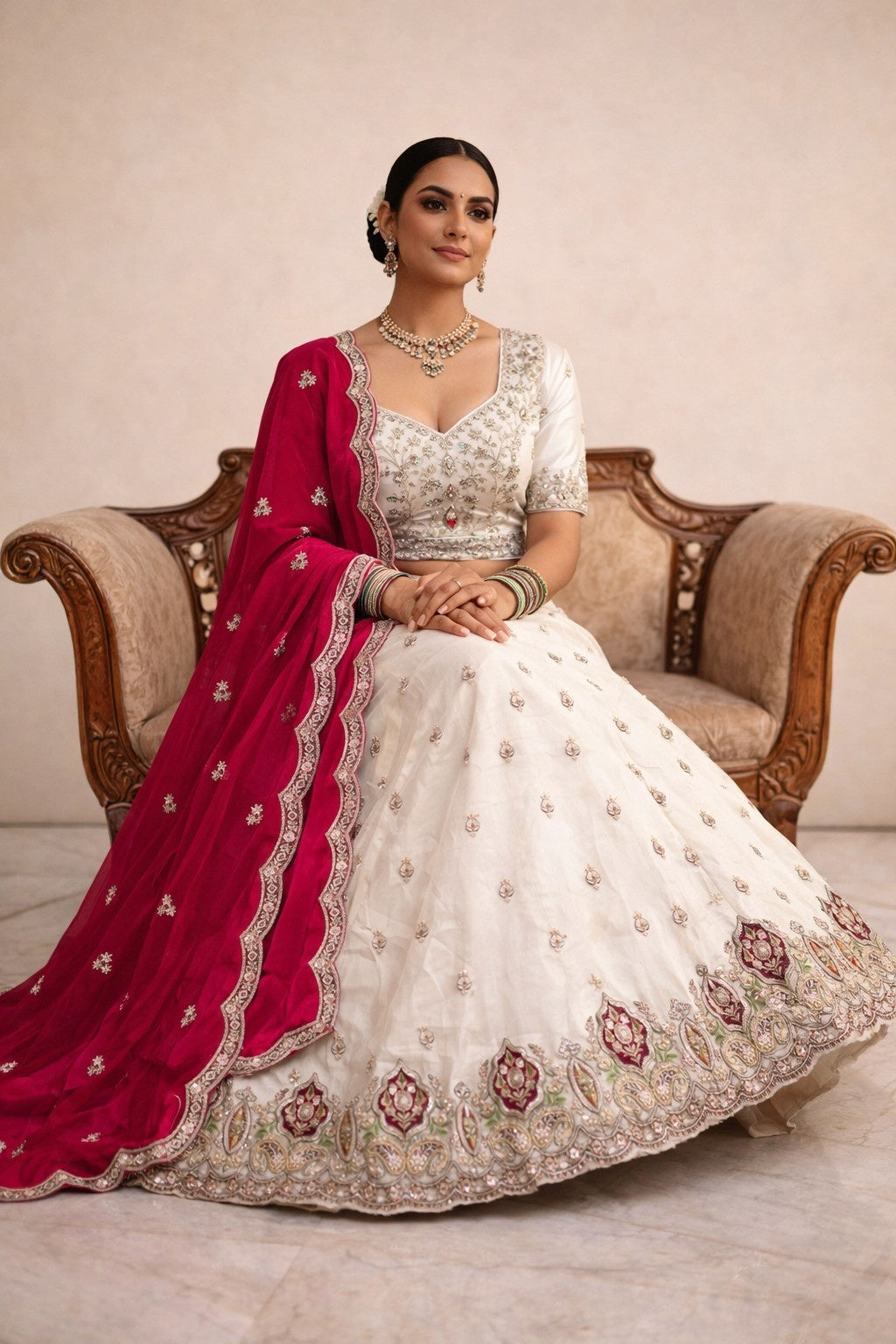 Ivory Viscose Tissue Lehenga with Rani Pink Dupatta – Designer Wedding & Festive Wear