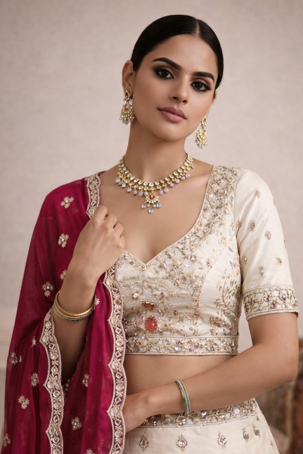 Ivory Viscose Tissue Lehenga with Rani Pink Dupatta – Designer Wedding & Festive Wear