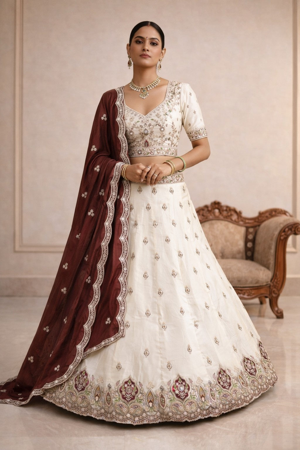 Ivory Viscose Tissue Lehenga with Rani Pink Dupatta – Designer Wedding & Festive Wear