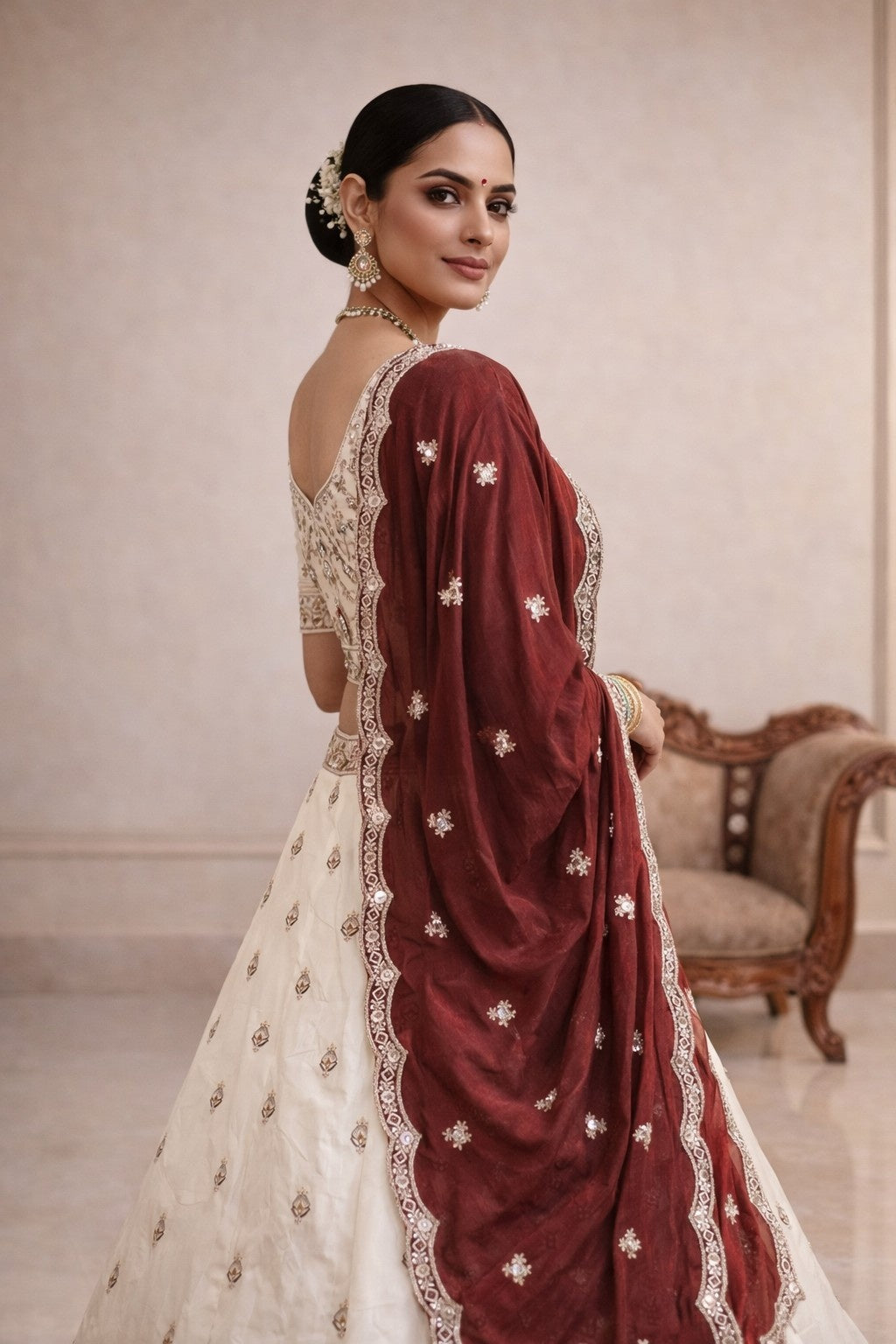 Ivory Viscose Tissue Lehenga with Rani Pink Dupatta – Designer Wedding & Festive Wear