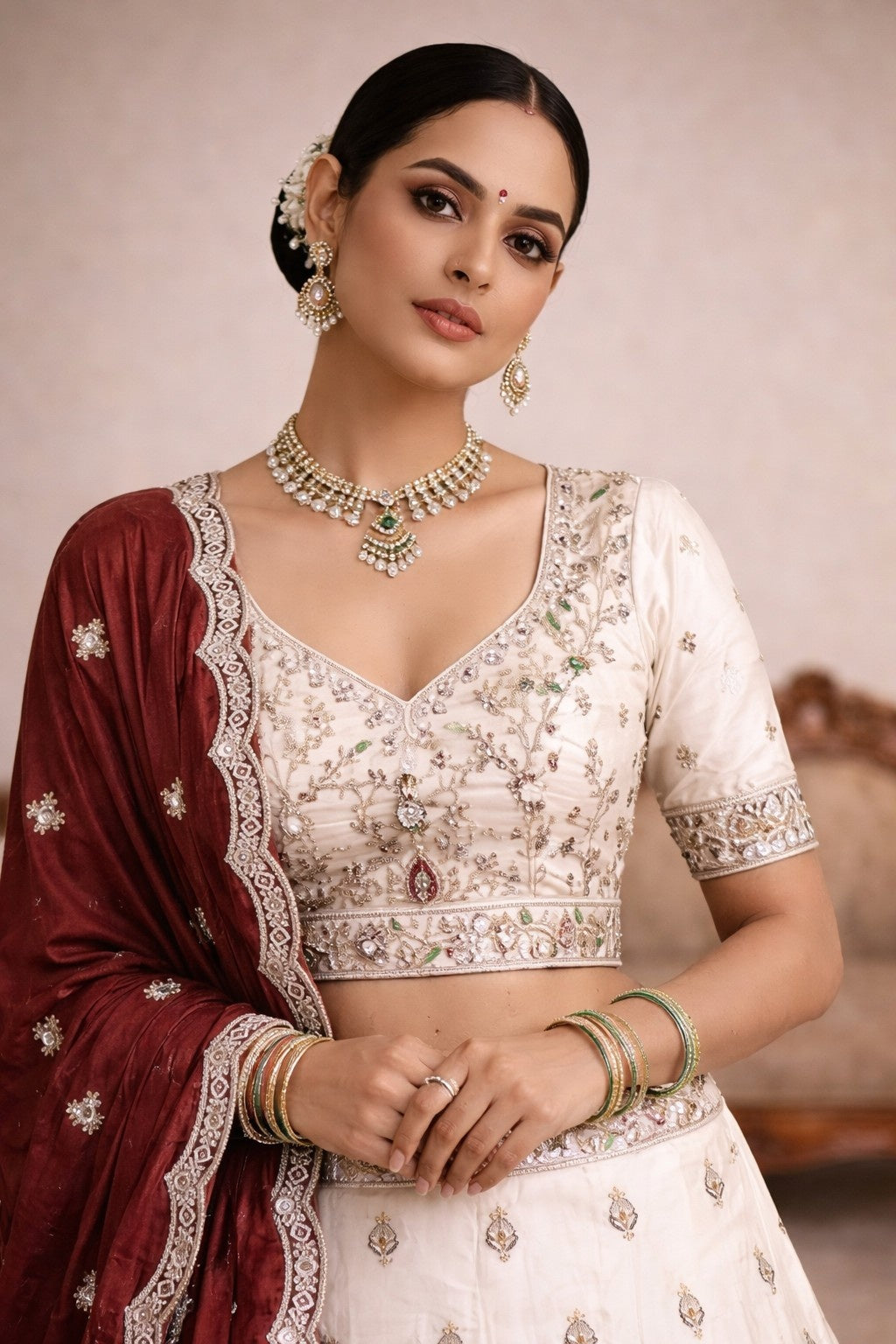 Ivory Viscose Tissue Lehenga with Rani Pink Dupatta – Designer Wedding & Festive Wear