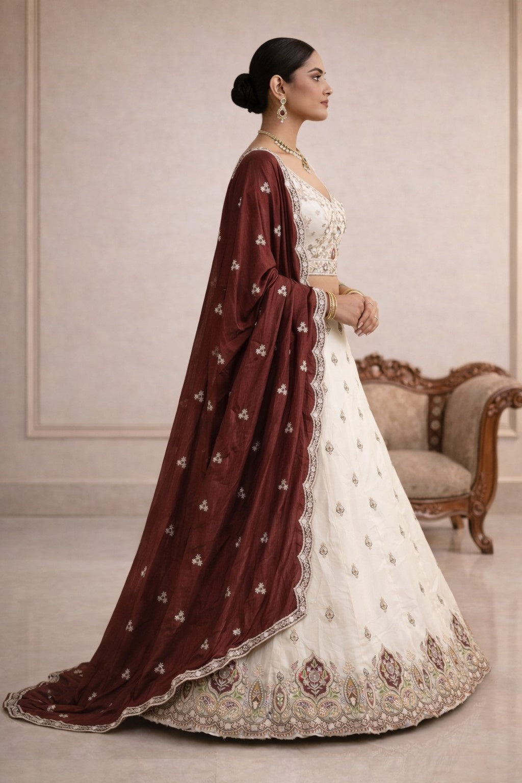 Elegant Ivory Viscose Tissue Lehenga with Maroon Dupatta – Designer Bridal & Festive Wear