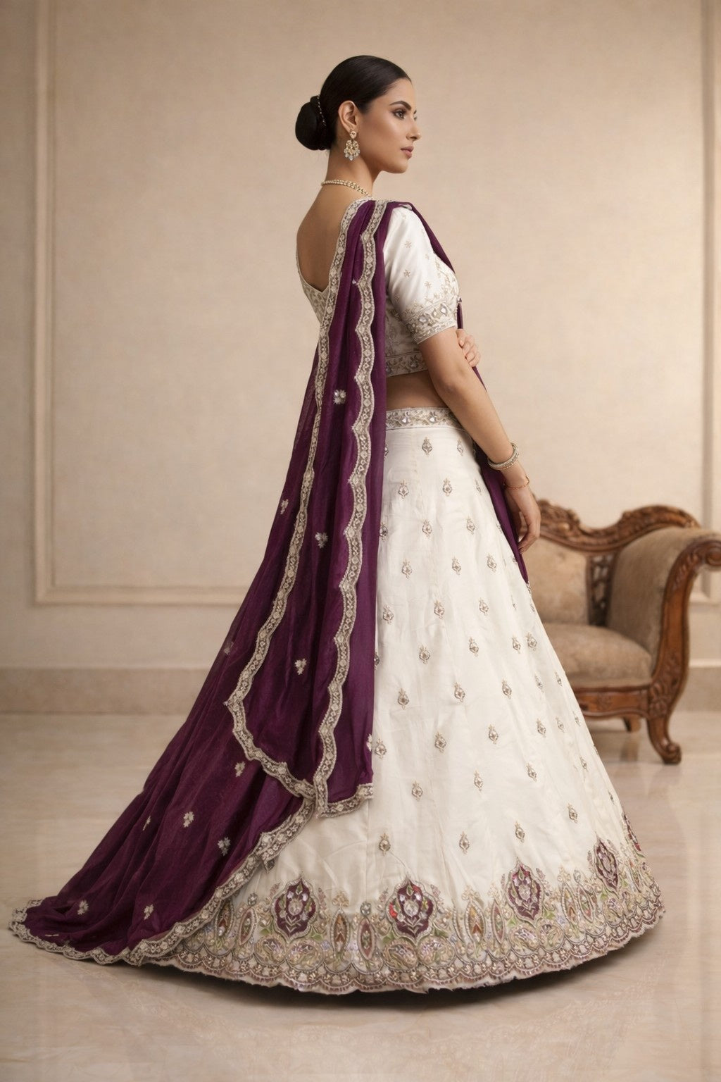 Ivory Viscose Tissue Lehenga with Rani Pink Dupatta – Designer Wedding & Festive Wear