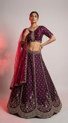 Wine Purple Embroidered Lehenga Choli with Net Dupatta – Bridal & Festive Wear