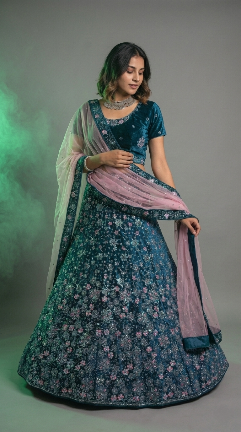 Teal wine Velvet Lehenga Choli with Floral Embroidery & Net Dupatta