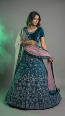 blue Velvet Lehenga Choli with Heavy Floral Embroidery & Net Dupatta