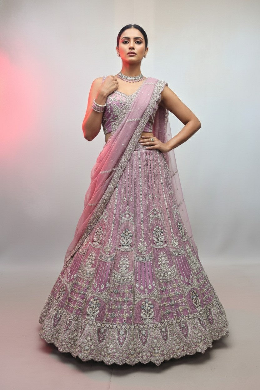 Pink Shimmer Net Lehenga Choli with Heavy Zari & Sequin Embroidery | Bridal & Wedding Party Wear Lehenga