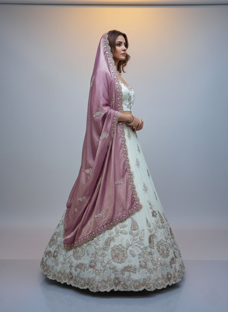 Ivory Embroidered Lehenga Choli with Mauve Silk Dupatta – Bridal & Festive Wear
