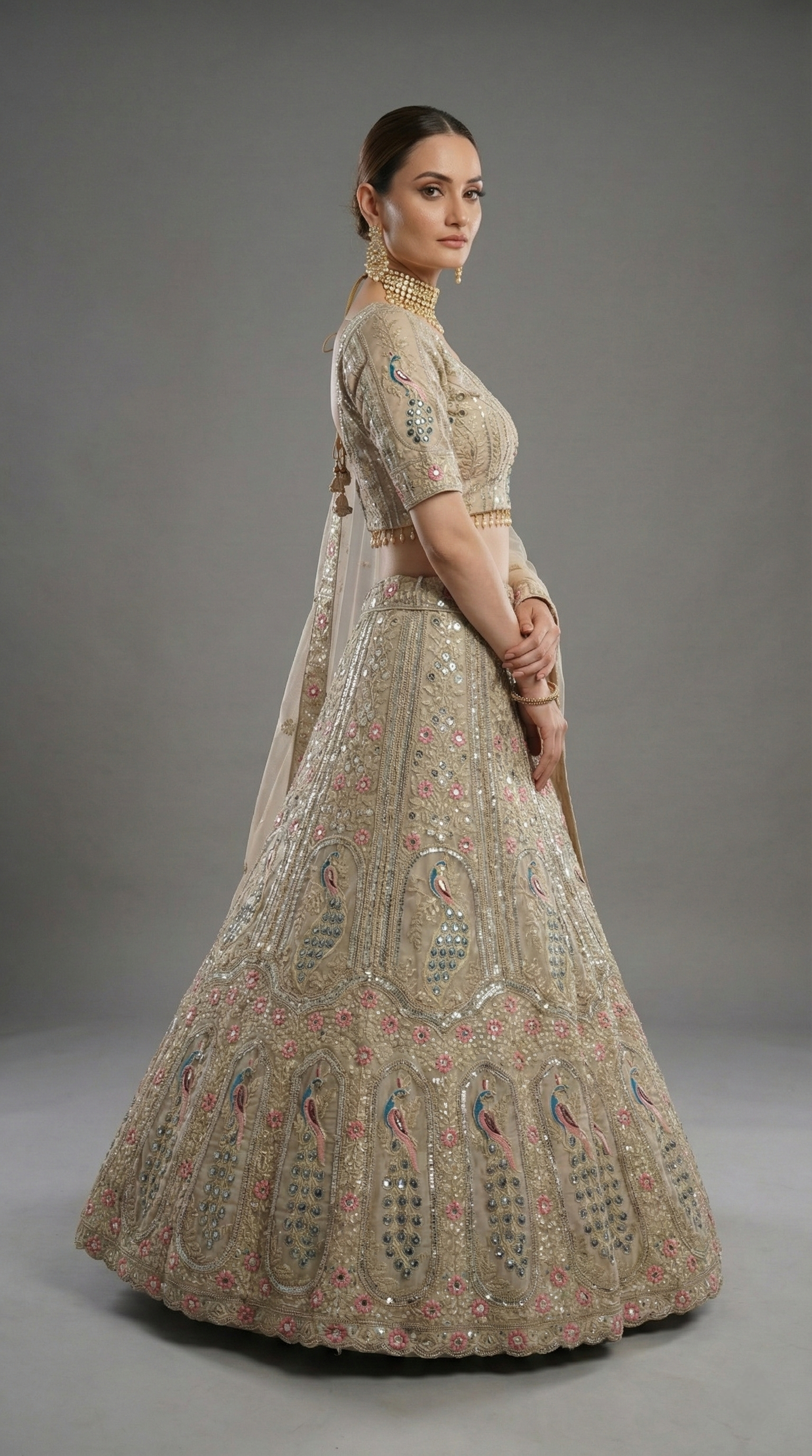 Ivory Gold Peacock Embroidered Lehenga Choli with Net Dupatta –Festive Wear