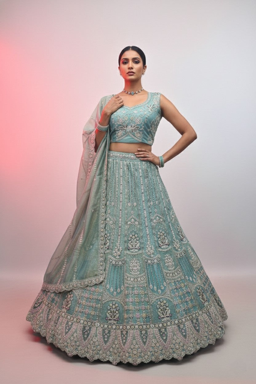 Firozi Shimmer Net Bridal Lehenga Choli | with Heavy Zari & Sequin Embroidery