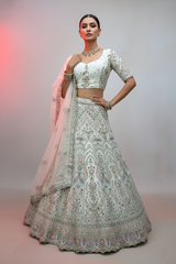 Ivory gold Embroidered Bridal Lehenga Choli with Net Dupatta – Pastel Handwork Designer Lehenga