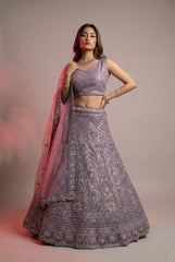 Lavender Designer Lehenga Choli with Intricate Embroidery & Jarkan Work – Shimmer Net Wedding Wear (Semi Stitched)