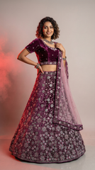 Teal wine Velvet Lehenga Choli with Floral Embroidery & Net Dupatta