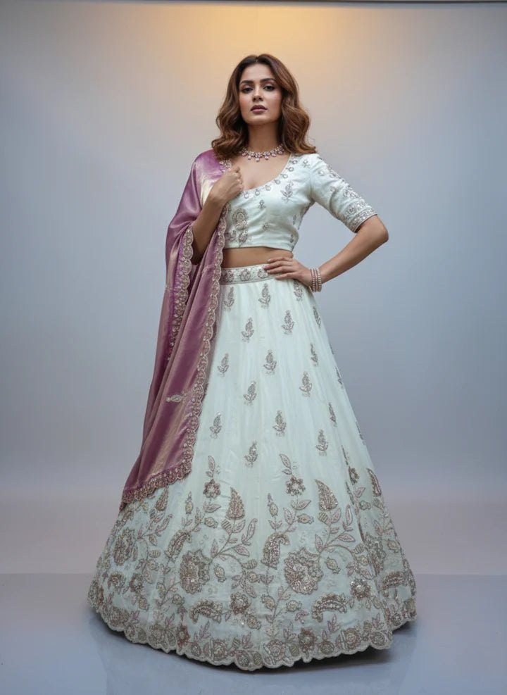 Ivory Embroidered Lehenga Choli with Mauve Silk Dupatta | Bridal & Festive Designer Lehenga