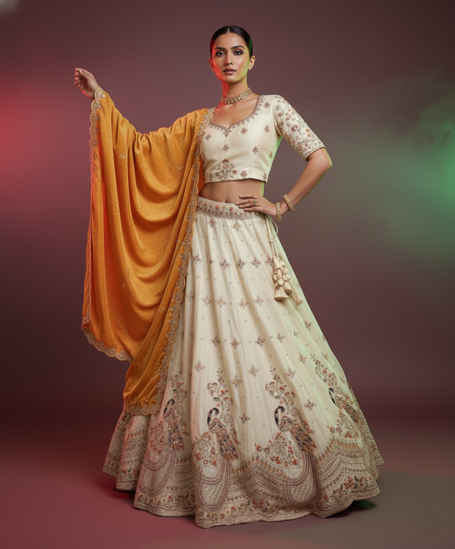 Ivory Gold Embroidered Lehenga Choli with Mustard Dupatta | Peacock Motif Bridal & Festive Wear