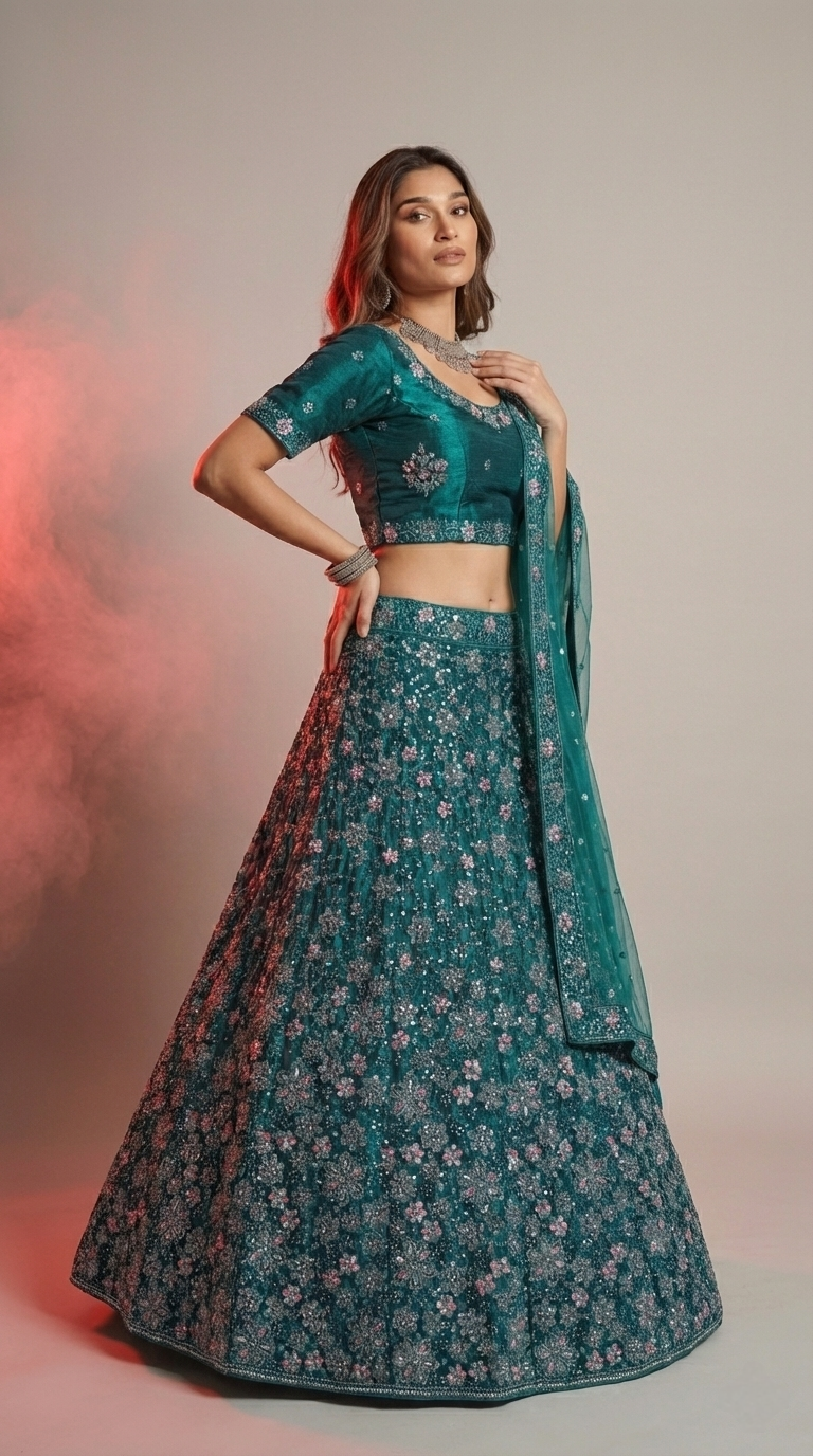 Teal wine Velvet Lehenga Choli with Floral Embroidery & Net Dupatta