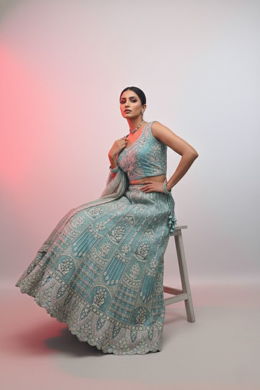 Firozi Shimmer Net Bridal Lehenga Choli | with Heavy Zari & Sequin Embroidery