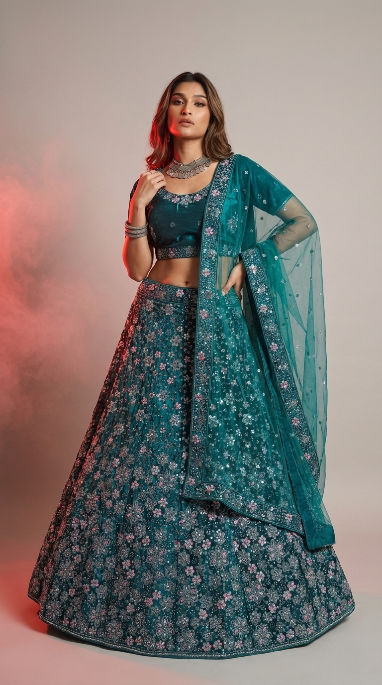 blue Velvet Lehenga Choli with Heavy Floral Embroidery & Net Dupatta