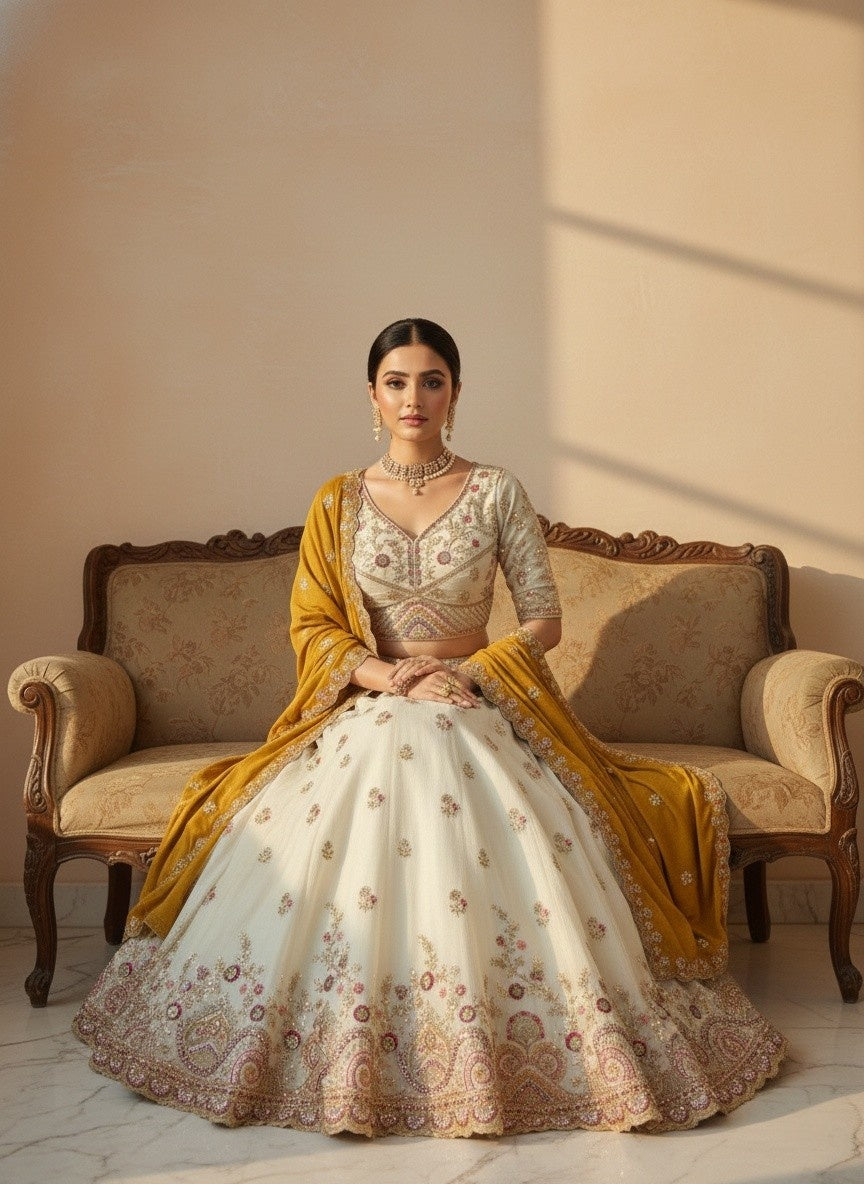 Ivory Viscose Tissue Lehenga with Rani Pink Fendi Dupatta – Fully Stitched Designer Wedding & Festive Wear