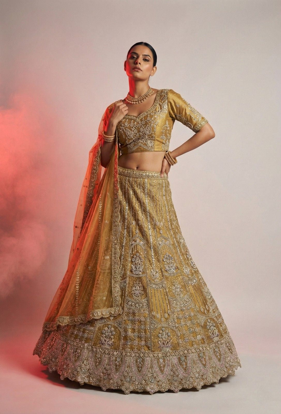 Mustard Shimmer Net Bridal Lehenga Choli with Heavy Zari & Sequin Embroidery