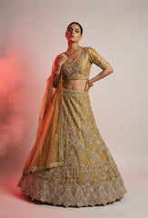 Mustard Shimmer Net Bridal Lehenga Choli with Heavy Zari & Sequin Embroidery