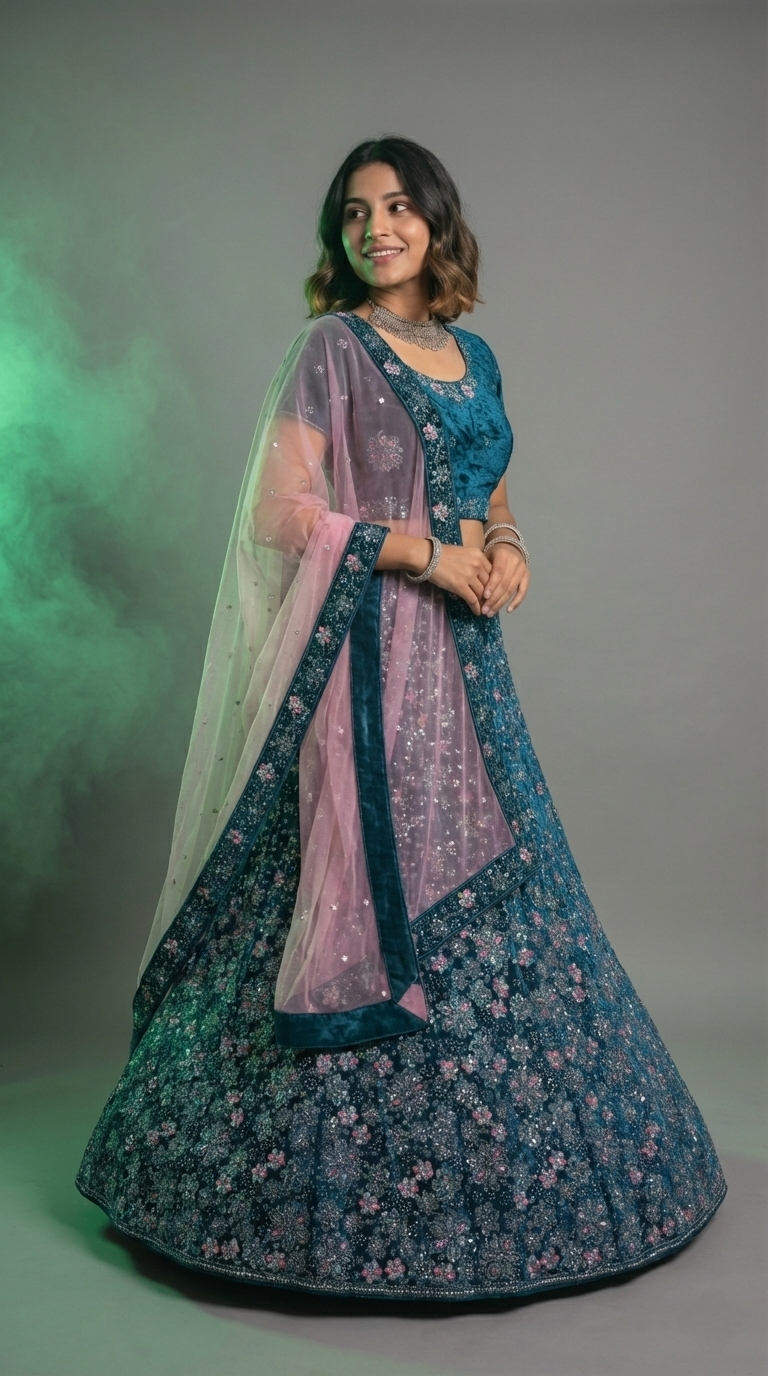 blue Velvet Lehenga Choli with Heavy Floral Embroidery & Net Dupatta