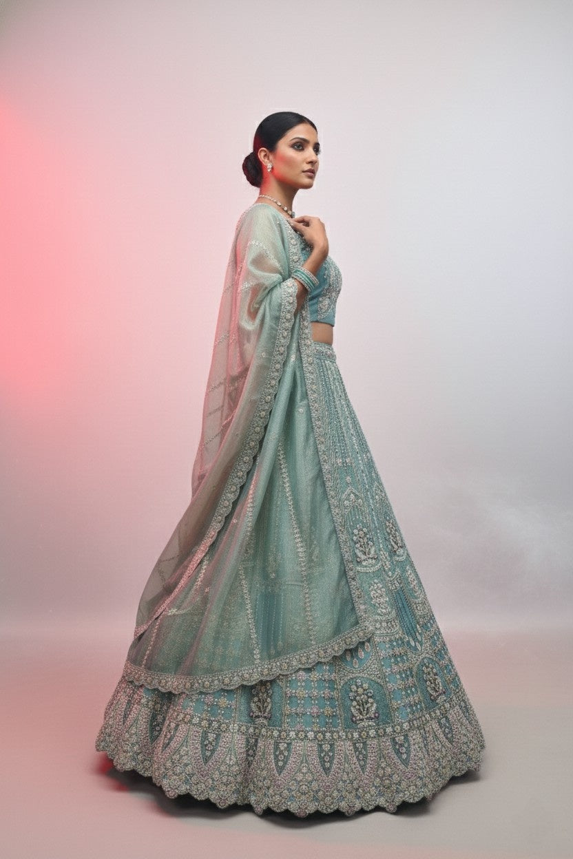 Firozi Shimmer Net Bridal Lehenga Choli | with Heavy Zari & Sequin Embroidery