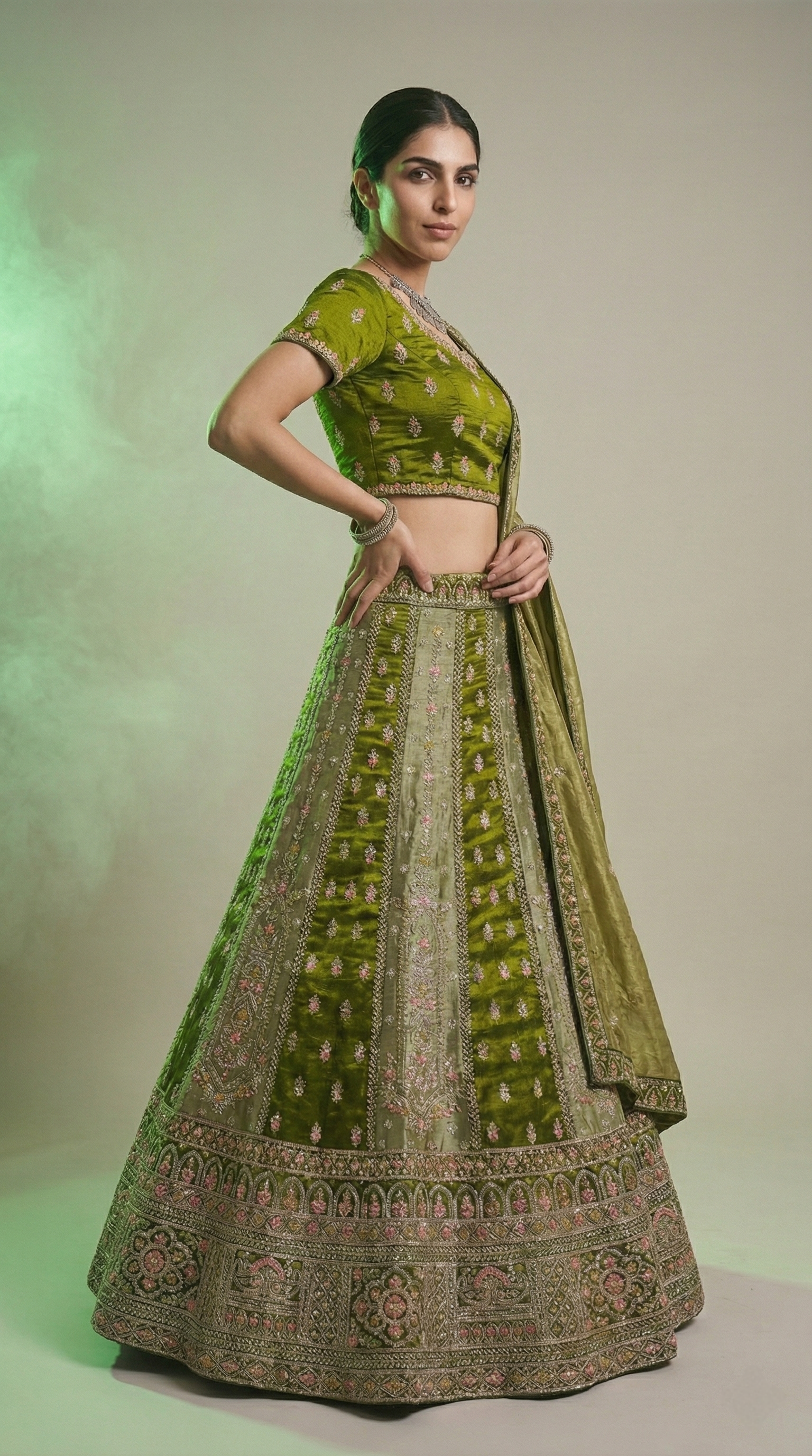 Olive Green Embroidered Silk Lehenga Choli with Matching Dupatta